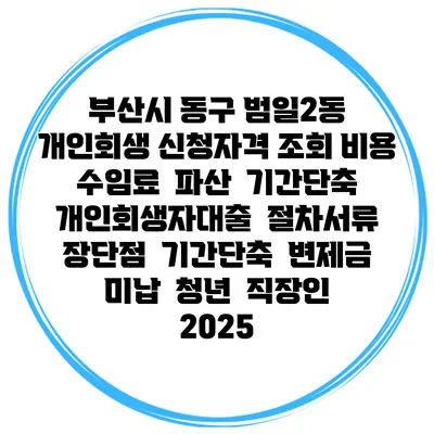 부산시 동구 범일2동 개인회생 신청자격 조회 비용 수임료 | 파산 | 기간단축 | 개인회생자대출 | 절차서류 | 장단점 | 기간단축 | 변제금 미납 | 청년 | 직장인 2025