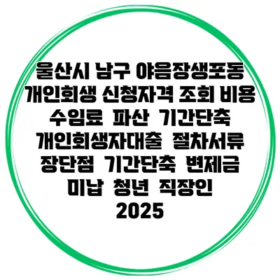 울산시 남구 야음장생포동 개인회생 신청자격 조회 비용 수임료 | 파산 | 기간단축 | 개인회생자대출 | 절차서류 | 장단점 | 기간단축 | 변제금 미납 | 청년 | 직장인 2025