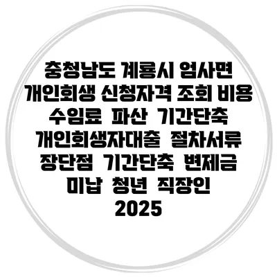 충청남도 계룡시 엄사면 개인회생 신청자격 조회 비용 수임료 | 파산 | 기간단축 | 개인회생자대출 | 절차서류 | 장단점 | 기간단축 | 변제금 미납 | 청년 | 직장인 2025